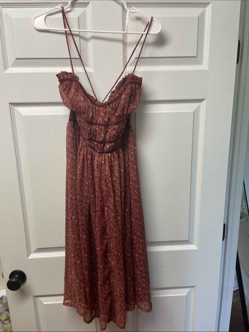 Lucky Brand Red Rust Floral Spaghetti Strap Midi Dress